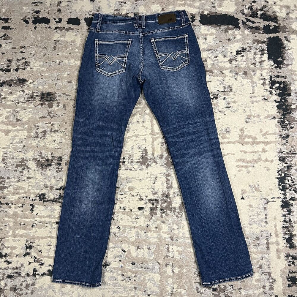 BKE Jake Straight Leg Jeans Mens 32Lx33 Blue Whiskered Stretch Denim Buckle - Picture 7 of 12